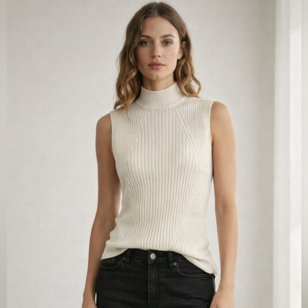 Philosophy Republic Ivory Ribbed Sleeveless Mock Neck Knit Top Size S Chic